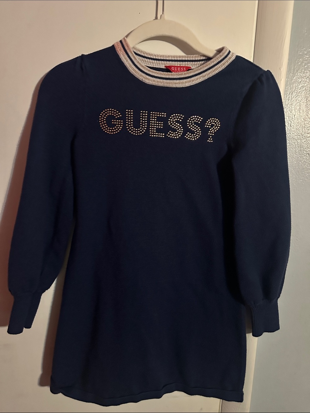 Guess Navy Long Sleeve Girls' Rhinestone Logo Sweater Dress